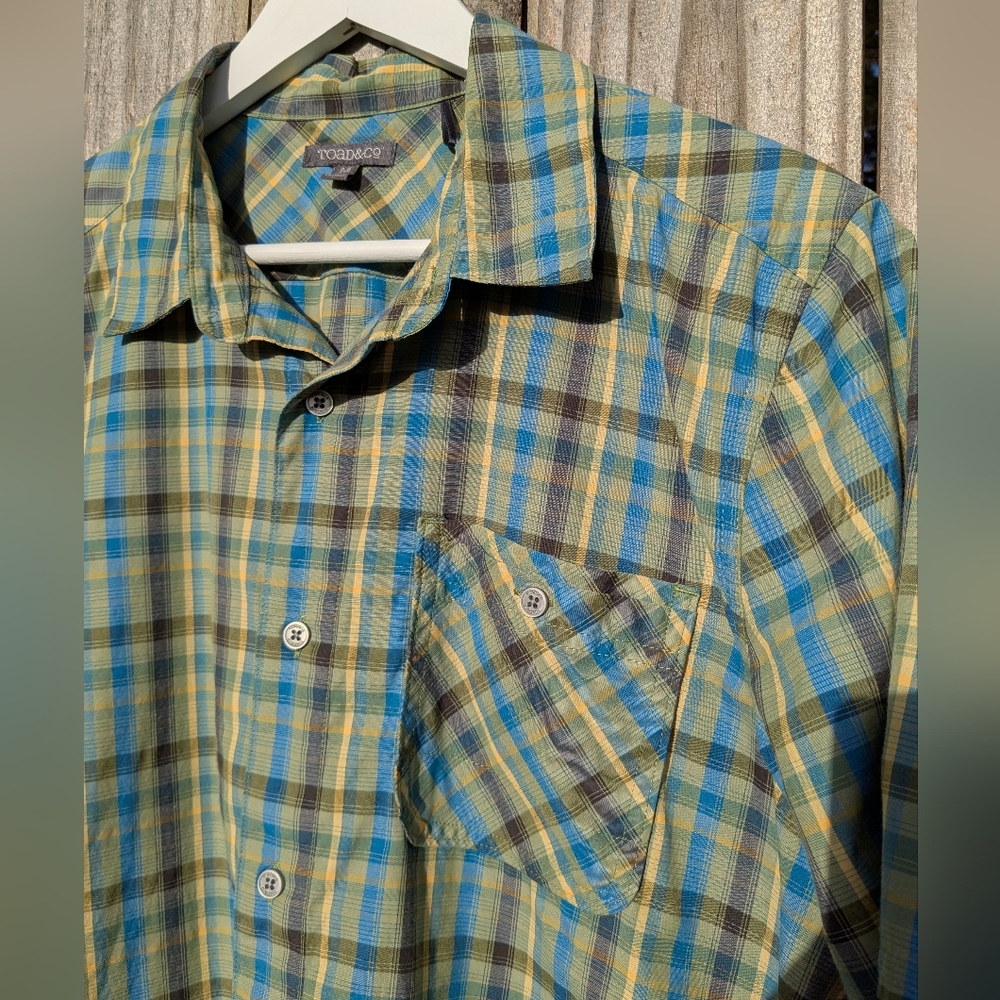 Toad&Co Ventilair Medium Blue & Green Plaid SS Shirt Organic Cotton/Poly Men's